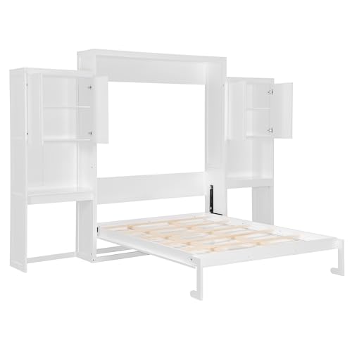 SOFTSEA Queen Size Murphy Bed with Desk and Storage, Wood Queen Wall Bed Frame with Vanity & Shelves, Space-Saving for Guest Room, Bedroom or Office