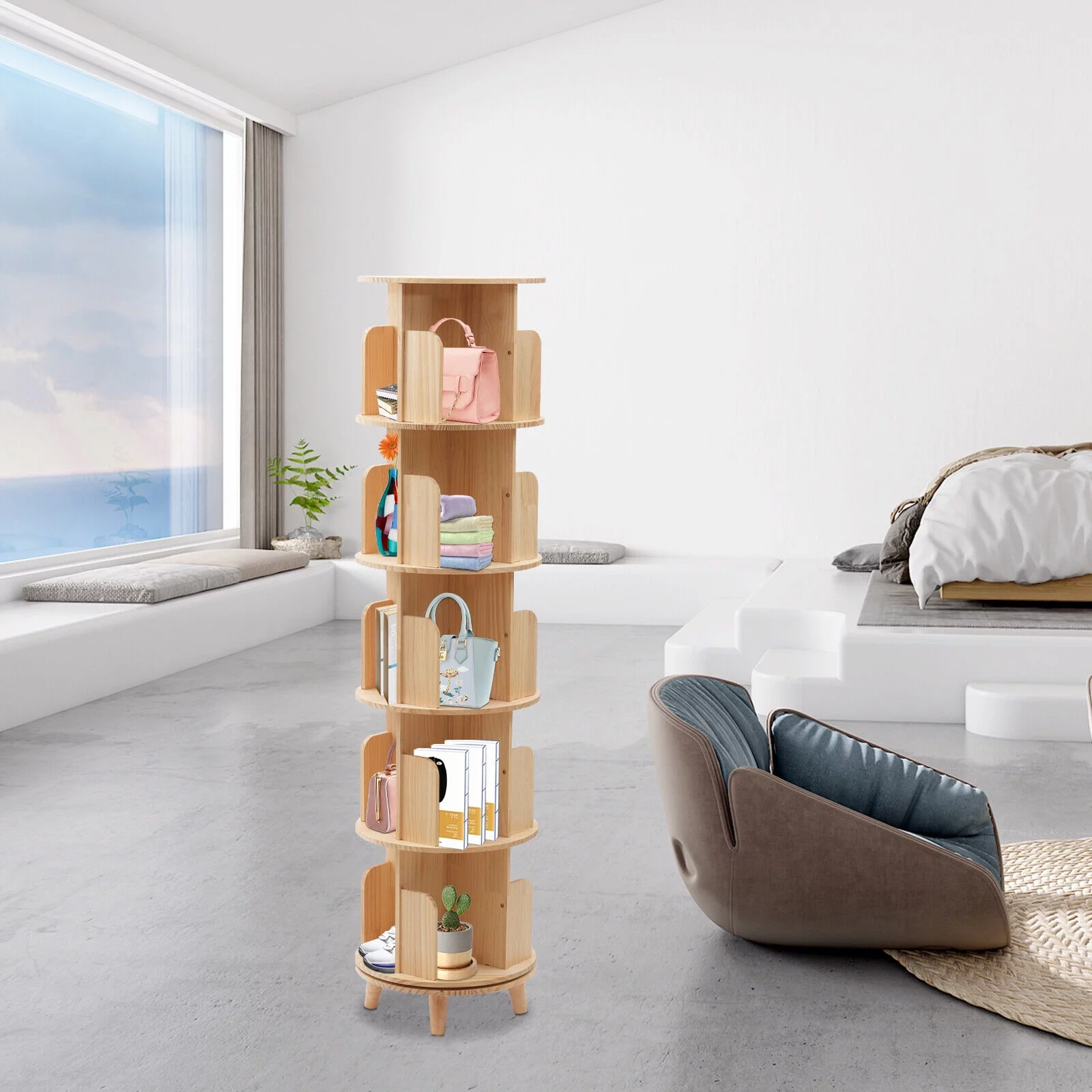Miumaeov Upgraded 5 Tier Tall Rotating Bookshelf with Legs Large Stackable Bookshelf Wooden Storage Bookcases Book Display Rack Shelves for Study