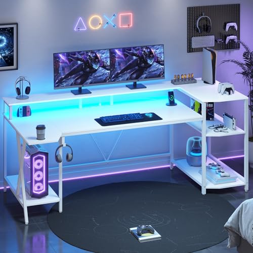 SEDETA Gaming Desk 70.8'' with LED Lights and Storage Shelves, Computer Desk with Monitor Stand, Power Outlets and Cup Holder, Large PC Gamer Desk