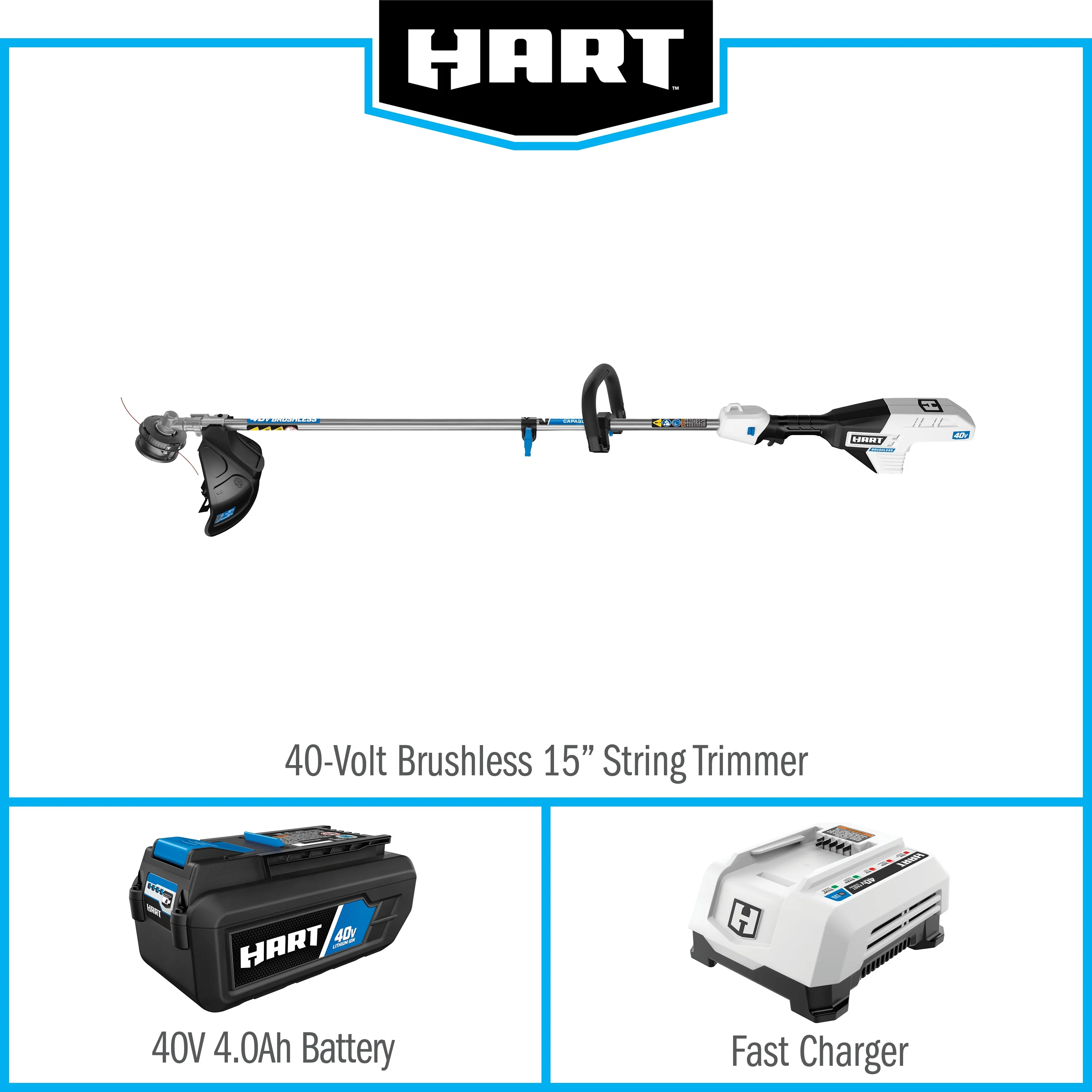 HART 40 Volt Cordless Brushless Attachment Capable 15-inch String Trimmer Kit, (1) 4.0Ah Lithium-Ion Battery