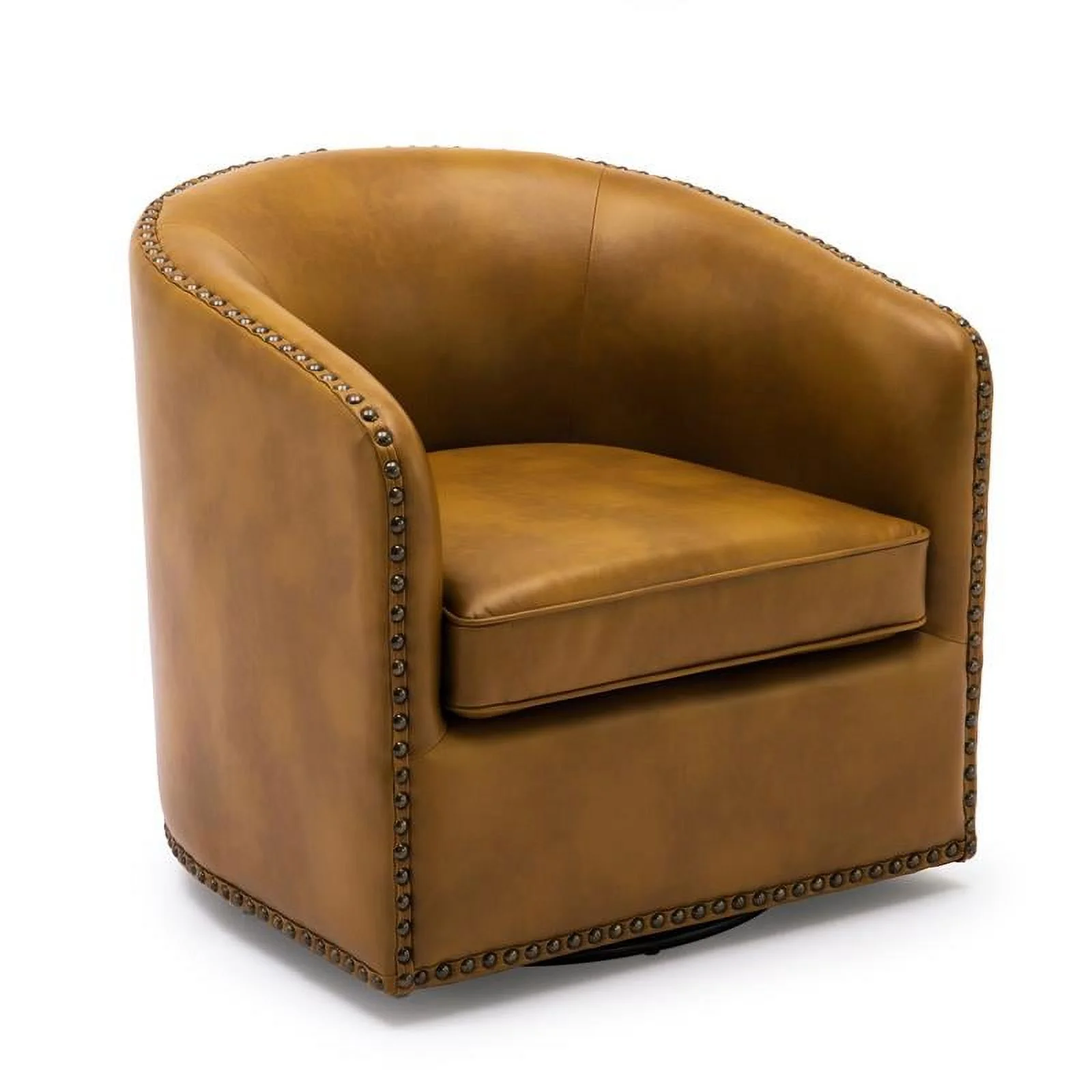 Pemberly Row Camel Brown Faux Leather Swivel Arm Chair with Nailhead Trim