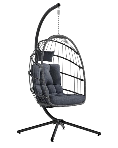 SWITTE Egg Chair Outdoor with Stand, Indoor Wicker Hanging Egg Swing Chair with Cushion, 350lbs Capacity for Patio, Bedroom, Garden - Gray