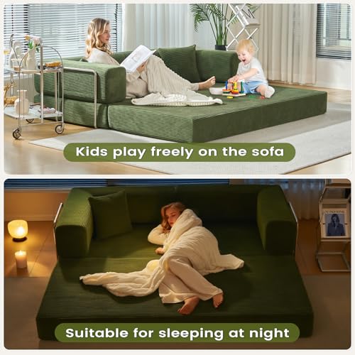 Convertible Sleeper Sofa Bed No Assembly Corduroy Upholstered Green Modular Floor Couch Queen/King Size Foldable Futon with Memory Foam for Apartment