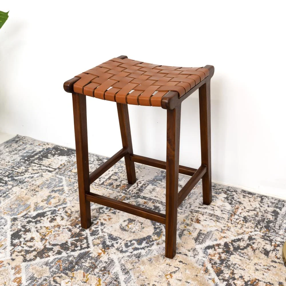 Rayong Mid-Century Modern Saddle Genuine Leather Counter Stool in Tan