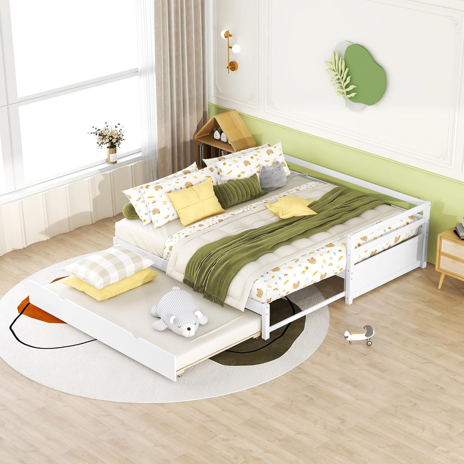 Extendable Daybed with Trundle, Wood Twin to Double Twin Daybed with Pull Out Trundle, Trundle Daybed for Kids Teens