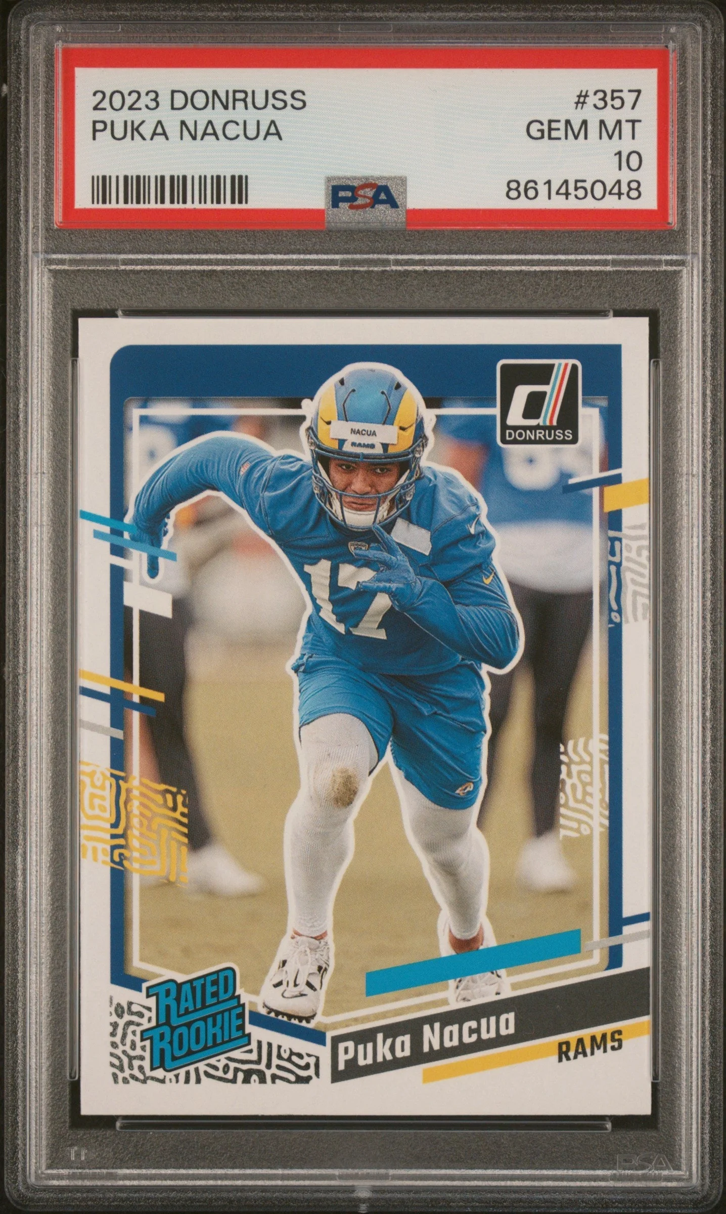 Graded 2023 Panini Donruss Rated Rookie Puka Nacua #357 Rookie RC Football Card PSA 10 Gem Mint - Curated Treasures Market