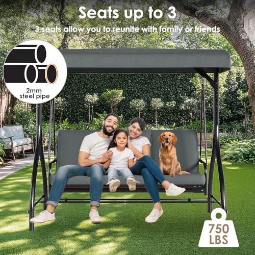 TLSUNNY 3-Seat Outdoor Patio Porch Swing with Adjustable Canopy & Backrest, Convertible Glider Bed with Stand, Removable Seat Cushion