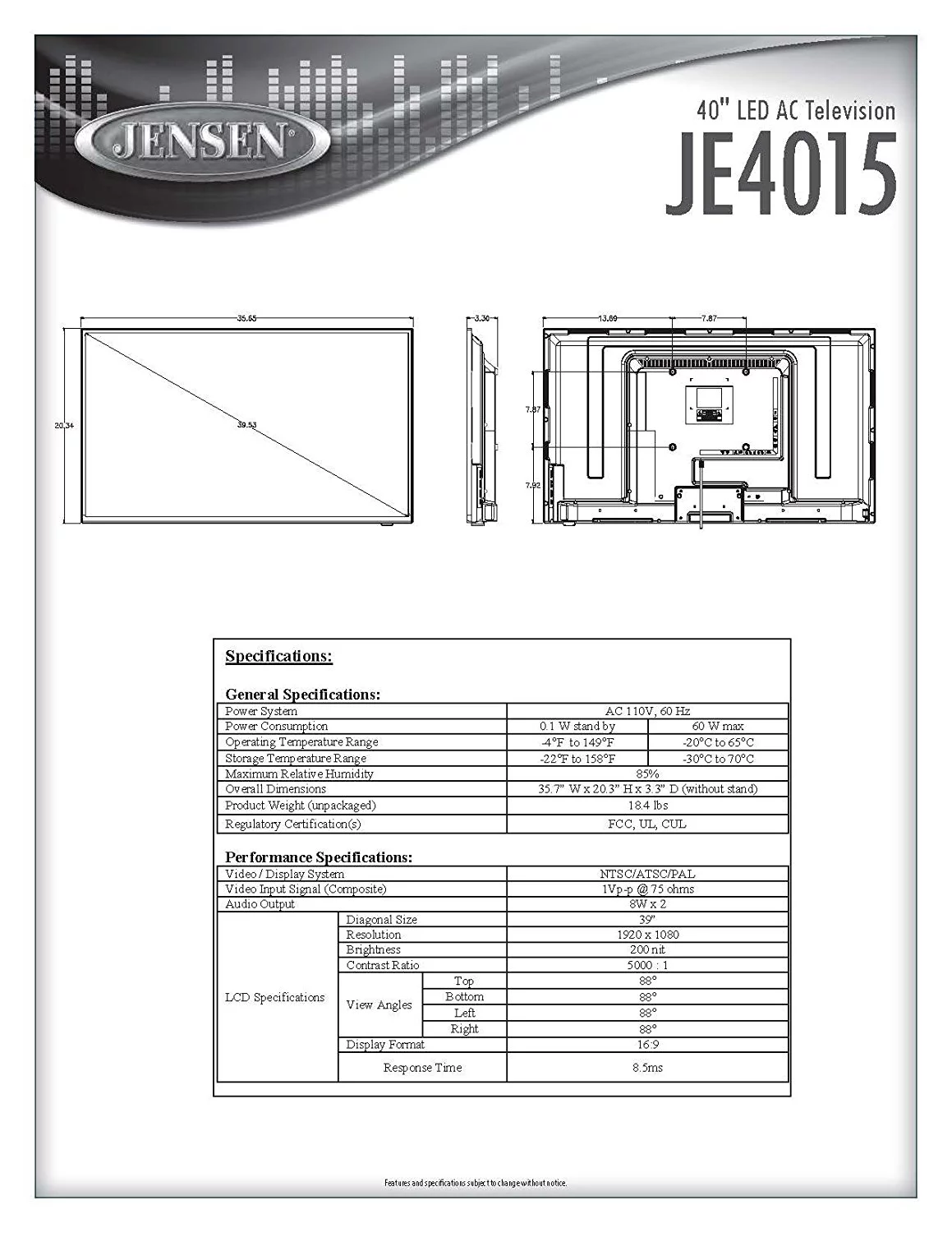 Jensen JE4015 40" LED AC Wallmount Television with Integrated HDTV (ATSC) Tuner and Remote Control, HDTV Ready (1080p, 720p, & 480p)