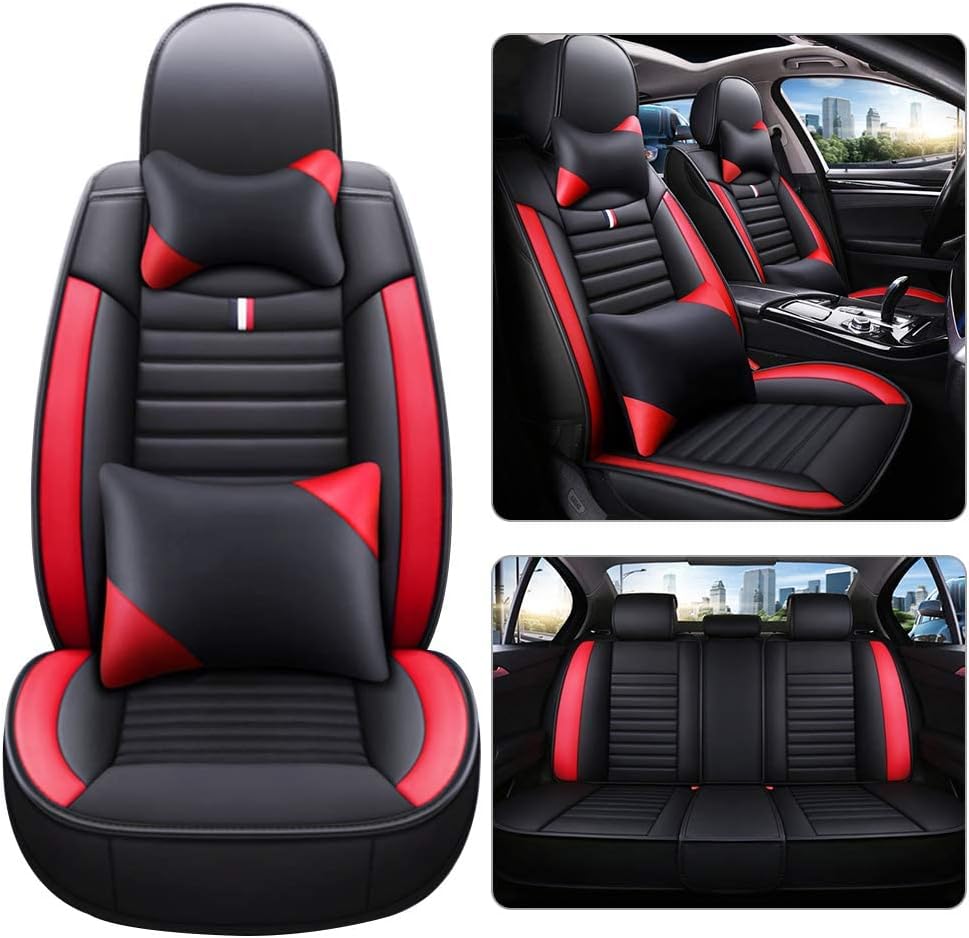 Fly5D Red Car Seat Covers Full Set with Waterproof Deluxe Leather,Airbag Compatible Automotive Vehicle Cushion Cover Universal fit for Most Cars