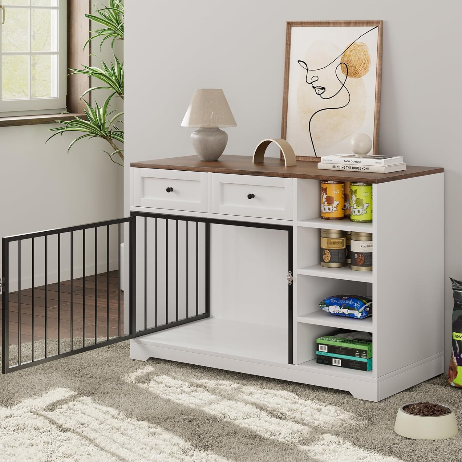 IDEALHOUSE Large Dog Crate Furniture, 47” Dog Crate with 2 Drawers and 4 Shelves, Heavy Duty Wooden Dog Crate