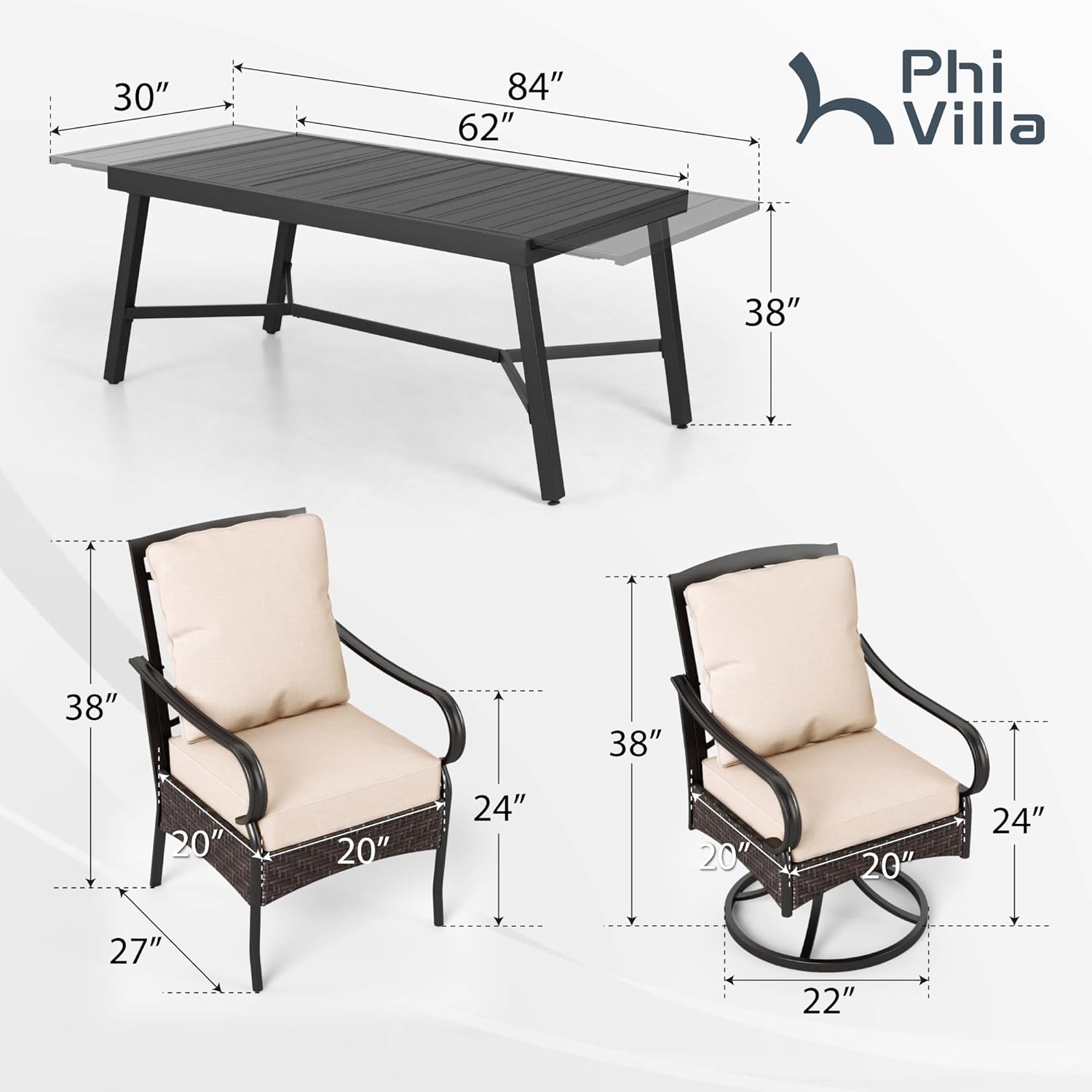 PHI VILLA Outdoor Patio Dining Table and Chairs Set, Heavy Duty 9 Piece Outdoor Dining Set for 8-8 Extra Large Outdoor Patio Chairs