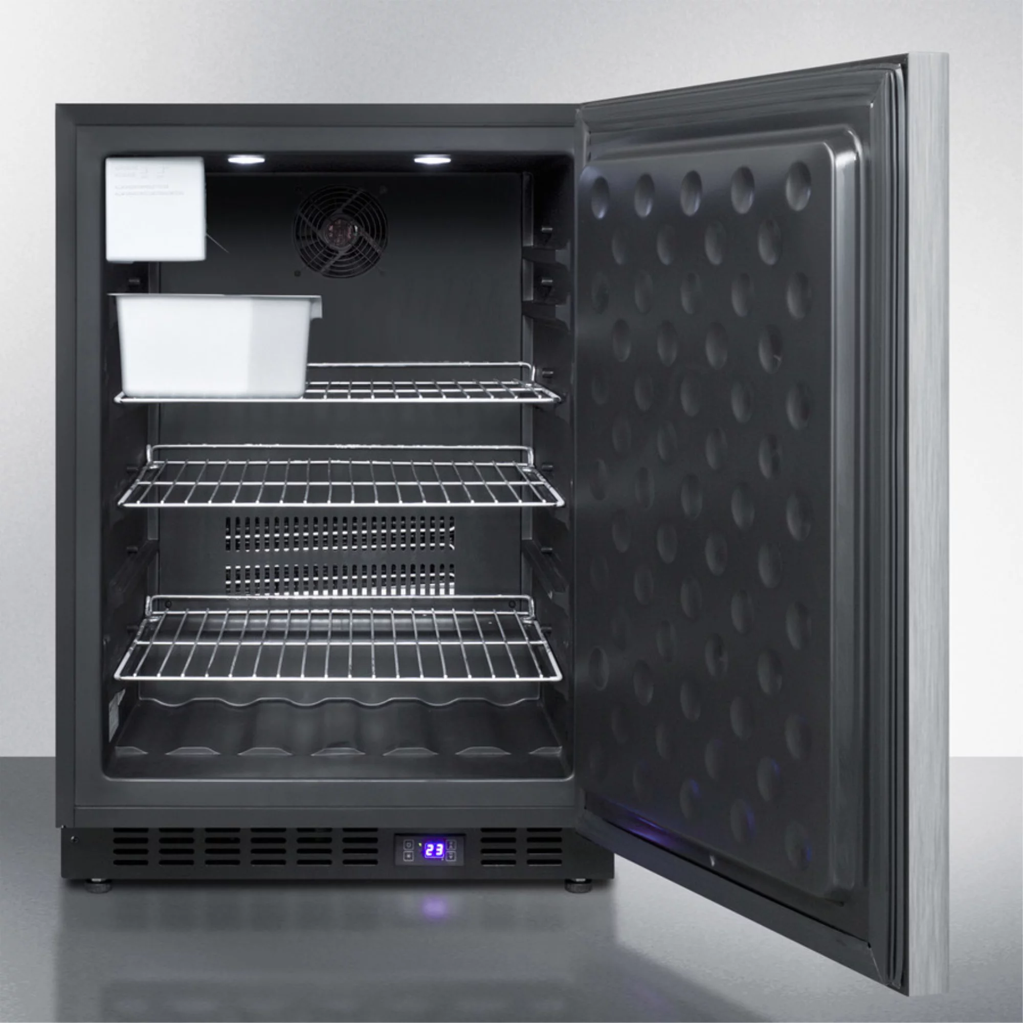 Frost-free built-in undercounter all-freezer for residential use, with factory installed icemaker, stainless steel wrapped exterior