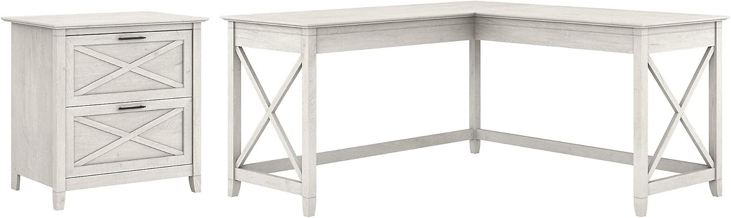 Bush Furniture Key West L Shaped Desk with 2 Drawer Lateral File Cabinet, 60W, Dark Gray Hickory