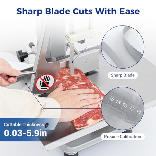 Commercial Electric Meat Saw, 750W Bone Saw For Butchering,110V Meat Bandsaw, Bone Cutting Machine with 2 Saw Blades,0.39-4.3 Cutting Thickness
