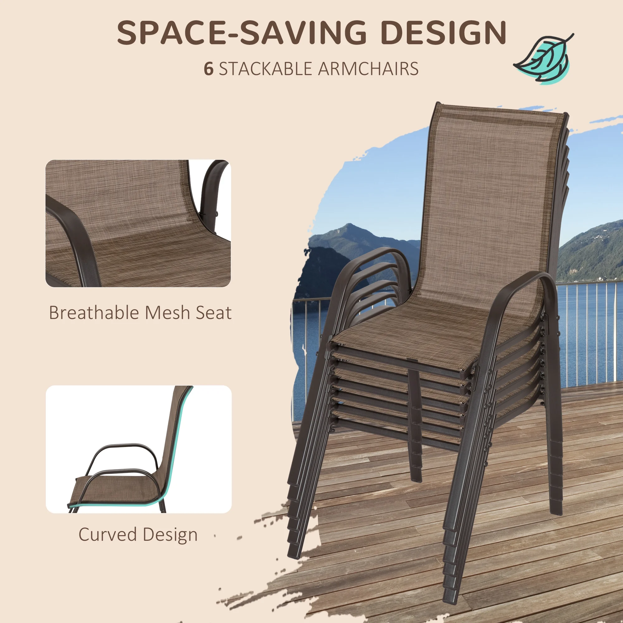 Outsunny Patio Dining Set for Six, Table & Chairs w/ Umbrella, Mixed Brown