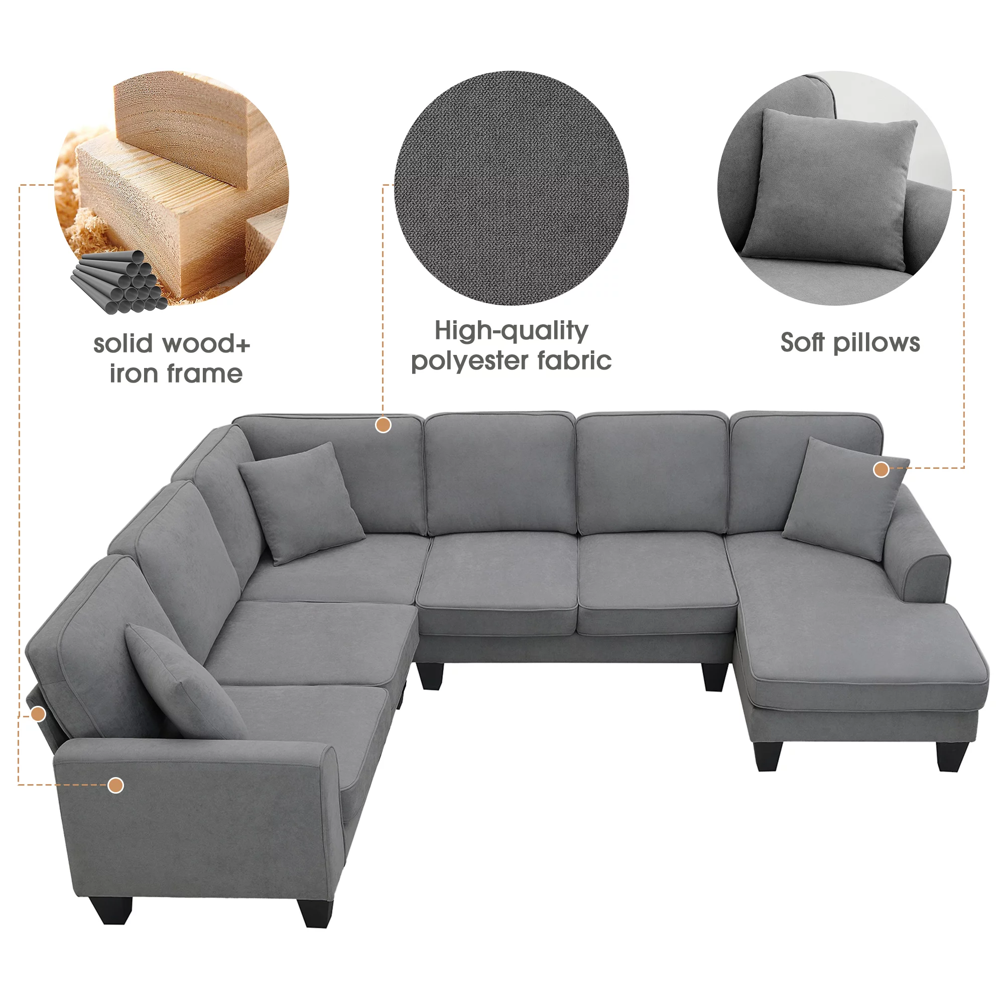 Euroco U Shape Sectional Sofa 7 Seat Modern Living Room Sofa Set with 3 Pillows, 108"x85.5", Dark Gray