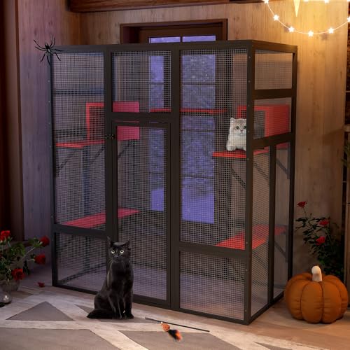 COZIWOW 70Inches Large Stable Spacious Wooden Catio Outdoor Cat Enclosure with Perches and Condos, Cat Cage Indoor with Waterproof Roof