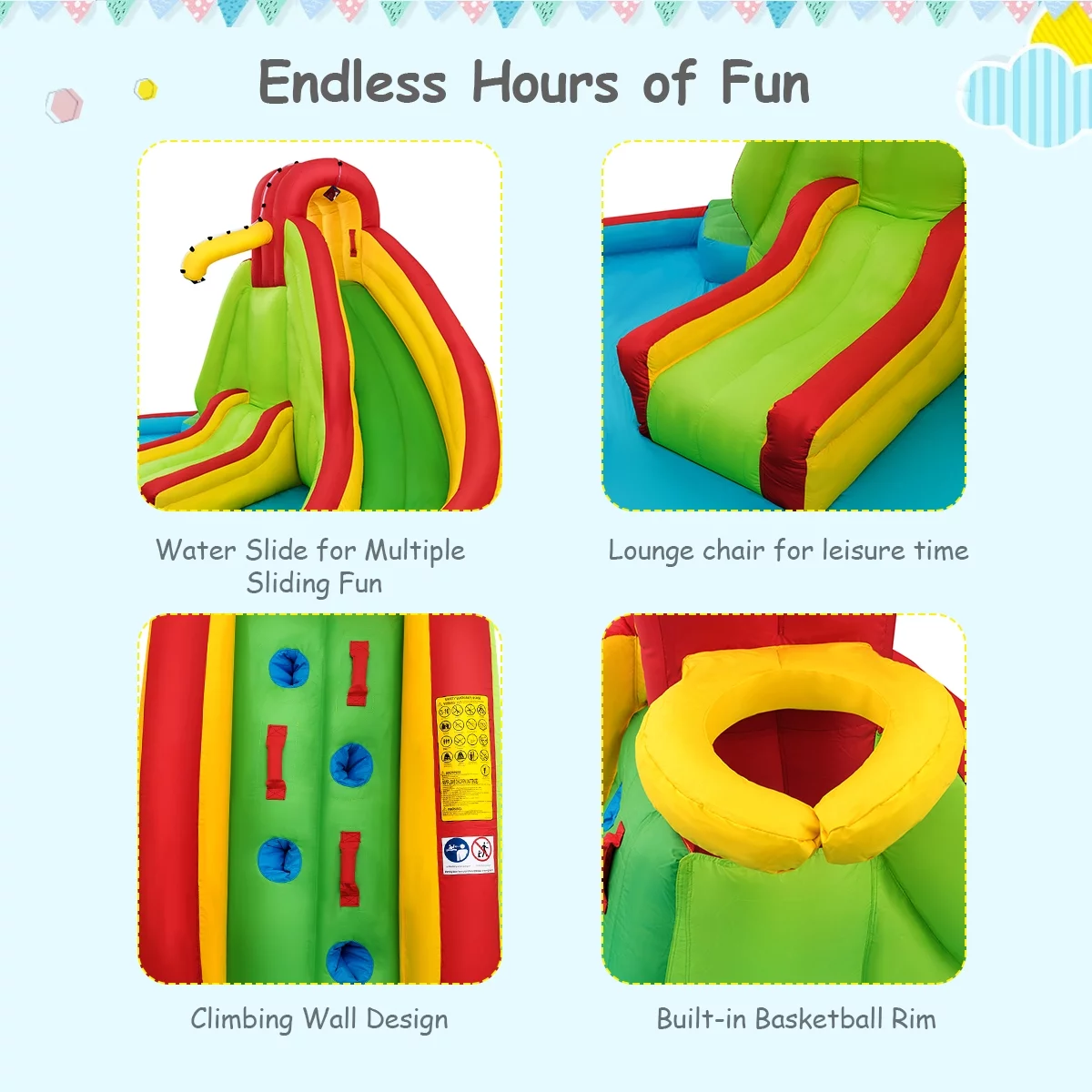 Inflatable Kids Water Slide Park with Climbing Wall Water Cannon and Splash Pool
