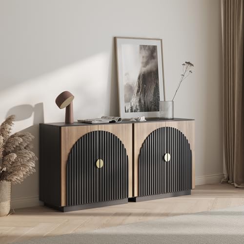 BELLEZE 65 Inch Fluted Buffet Cabinet with Storage, Symmetrical Arc Accent Sideboard Large Console Table for Dining Room, Kitchen