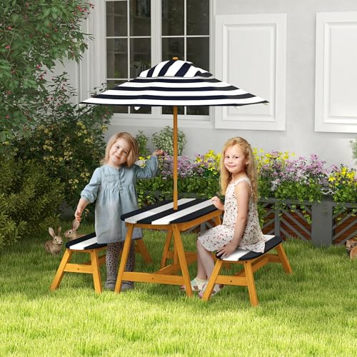 Outsunny Kids Picnic Table Set, Wooden Kids Table and Benches Set with Removable Umbrella, Kids Garden Furniture Set for 2-4 Kids Ages 3-8 Years Old