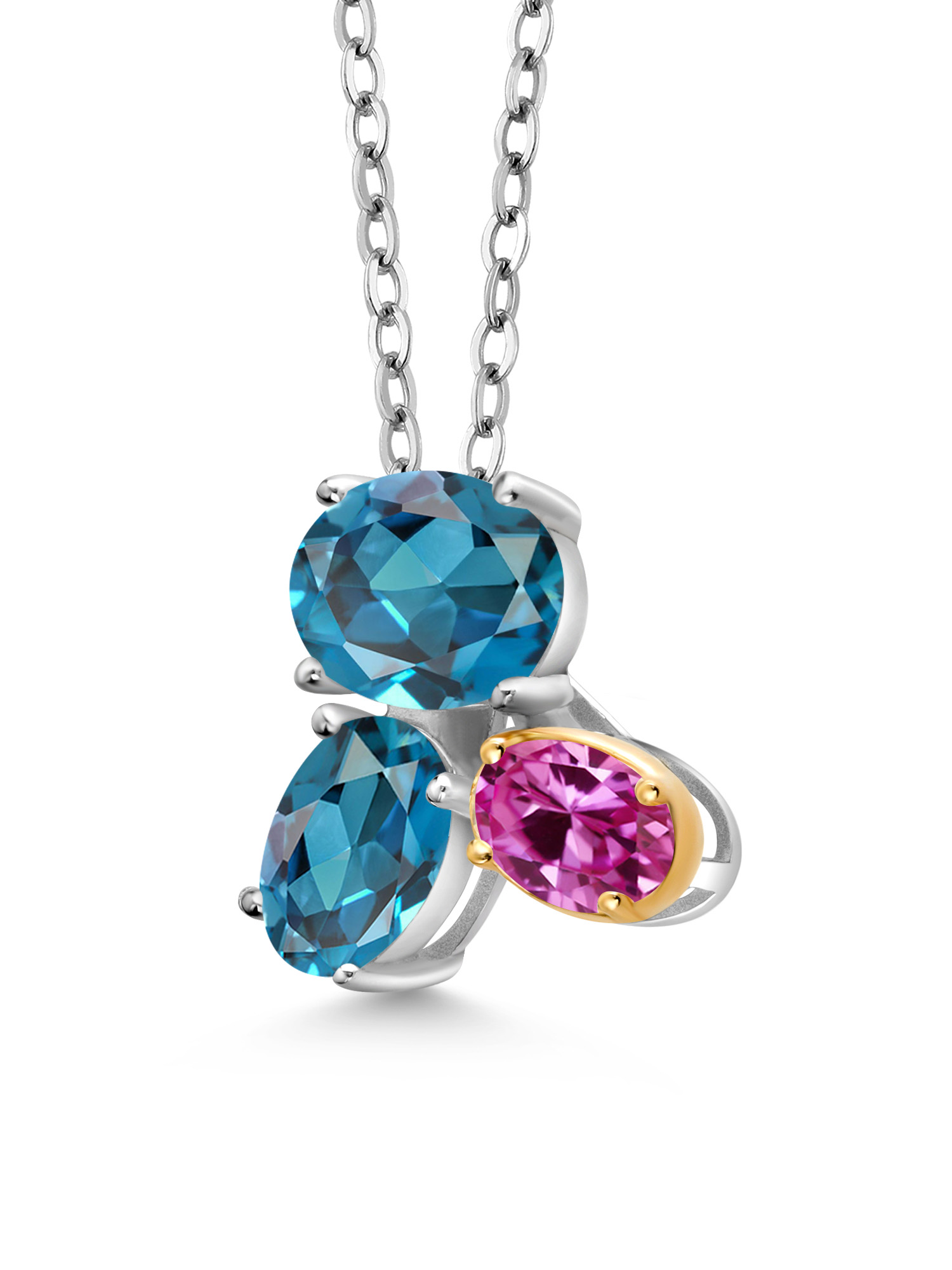 925 Silver and 10K Yellow Gold London Blue Topaz and Pink Created Sapphire Pendant Necklace For Women (3.00 Cttw, Oval 8X6MM, 7X5MM and 6X4MM