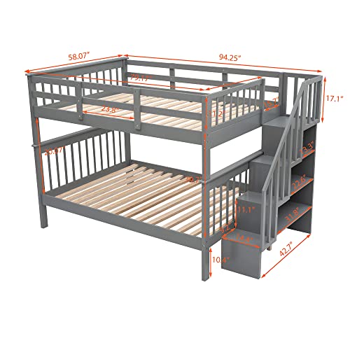 Ball & Cast Full Over Full Bunk Bed with Twin Size Trundle and Built in 4 Drawer,Wood Bunkbed w/Storage Ladder & Slat Support