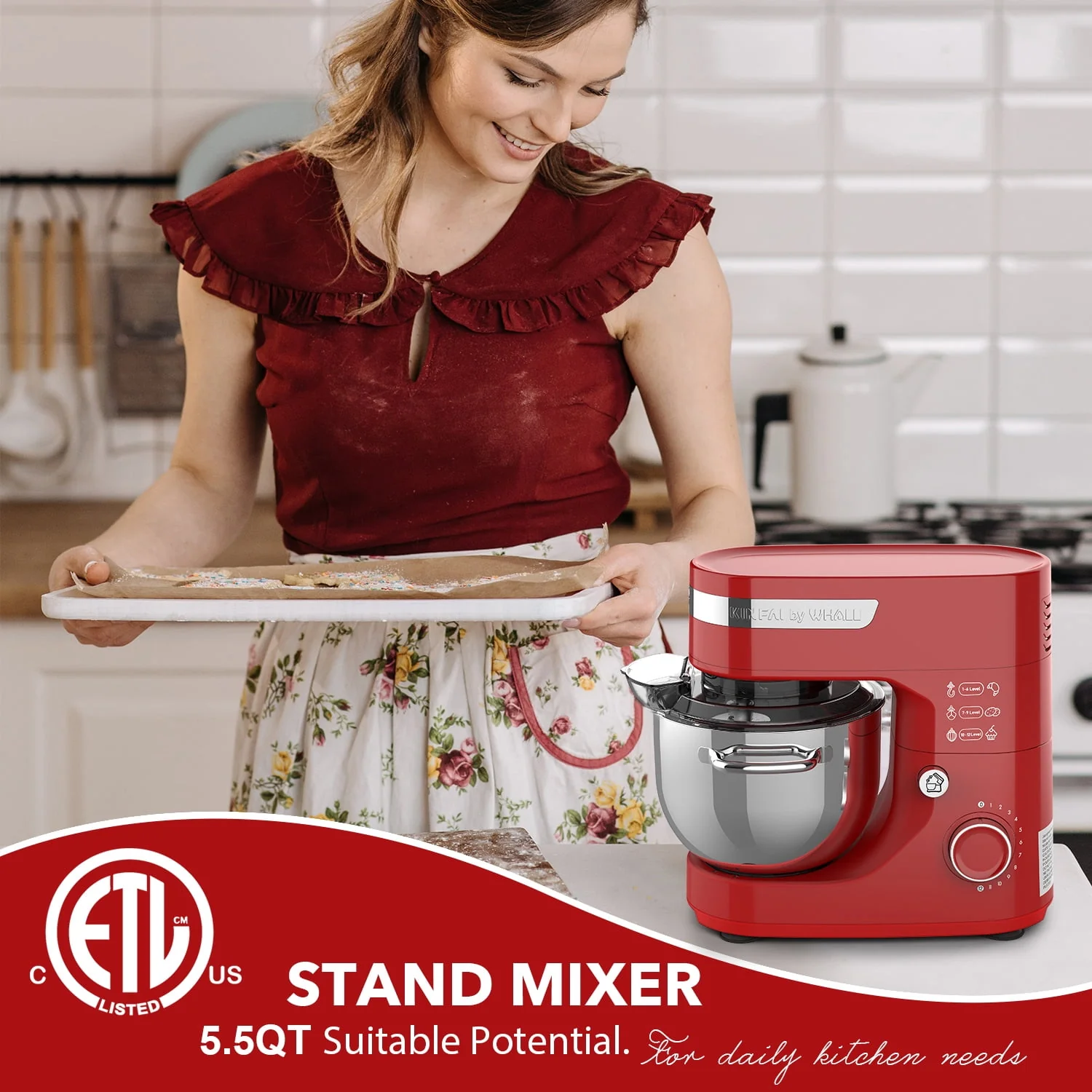 WHALL® Stand Mixer - 5.5Qt 12-Speed Tilt-Head Electric Kitchen Mixer with Dough Hook/Wire Whip/Beater, Stainless Steel Bowl (Blue)