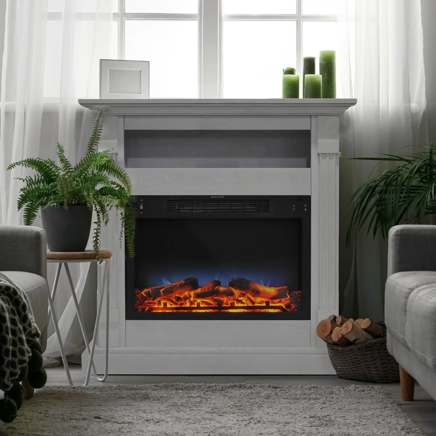 Cambridge Sienna 34" Freestanding White Mantel Electric Fireplace Heater with Realistic Multi-Color LED Flames & Log Insert | Heater For Rooms up to