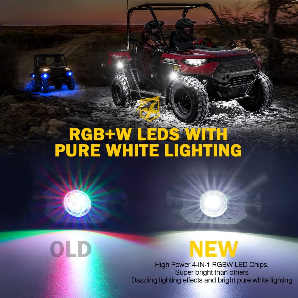 Xprite RGBW LED Rock Lights Kit w/Bluetooth & Wireless Remote Controller, Multicolor Cars Underglow, Whee Well, Footwell Neon Light Kits