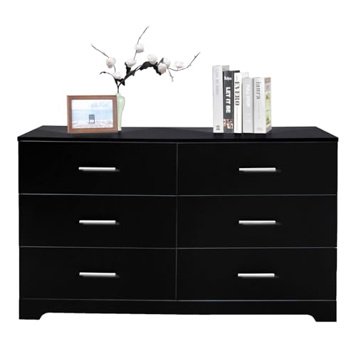 6 Drawer Dresser for Bedroom, Black Dresser Chest of Drawers, Wooden Bedroom Dresser TV Stand, Large Dresser Storage Chest with Deep Drawers