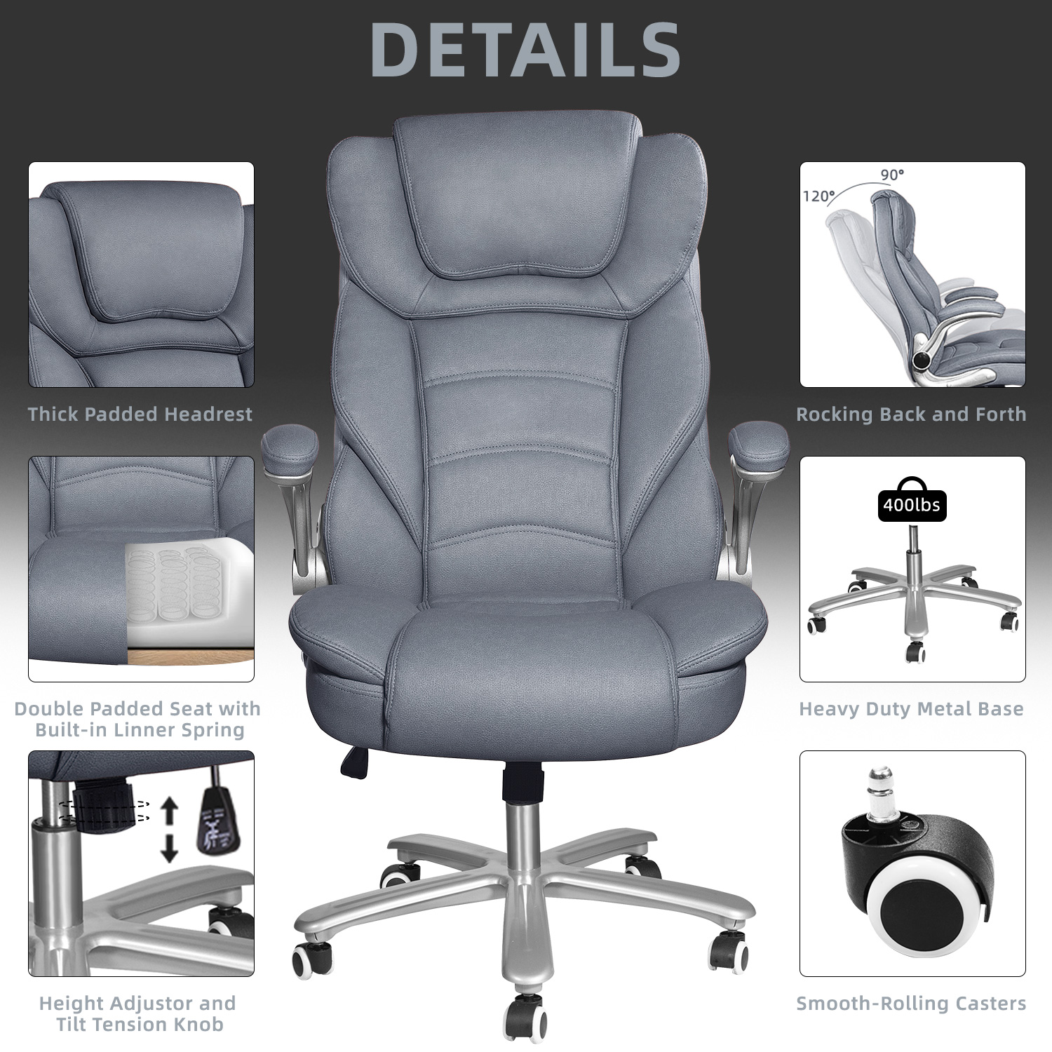 HomeZeer PU Leather Executive Office Chair, Big and Tall Office Chair 400lbs High Back Office Chairs Desk Chairs, Light Blue