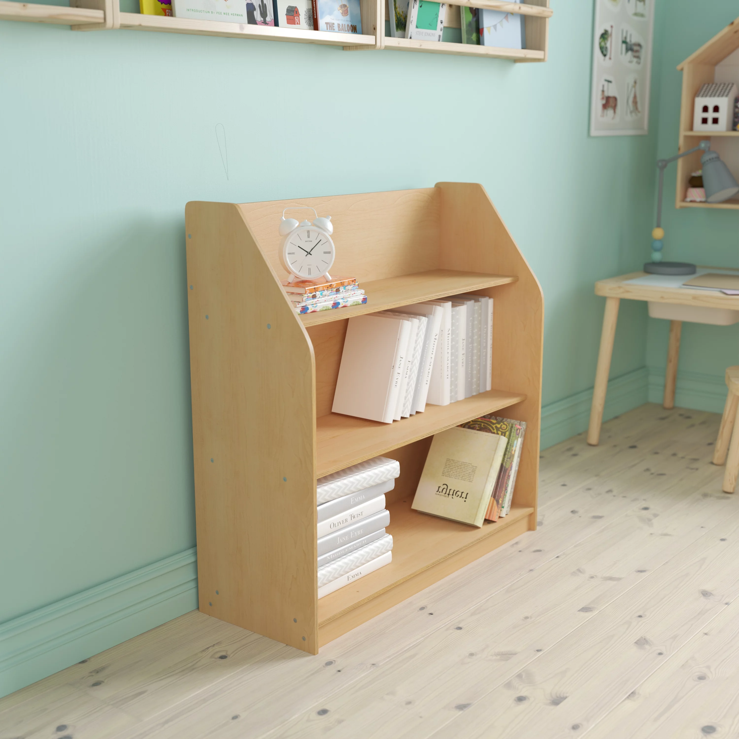 BizChair Natural Wooden 3 Shelf Book Display with Safe, Kid Friendly Curved Edges - Commercial Grade for Daycare, Classroom or Playroom Storage