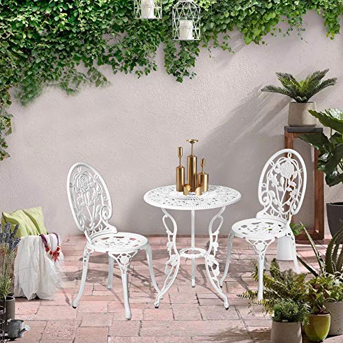 HOMEFUN Bistro Table and Chairs Set of 2 Outdoor 3 Piece Patio Set, Rose Pattern Cast Aluminum Bistro for Garden Balcony