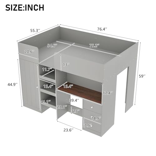 Harper & Bright Designs Full Size Loft Bed with Desk, Wood Full Loft Bed Frame with Built-in Wardrobe, Storage Shelves and Drawers, Gray