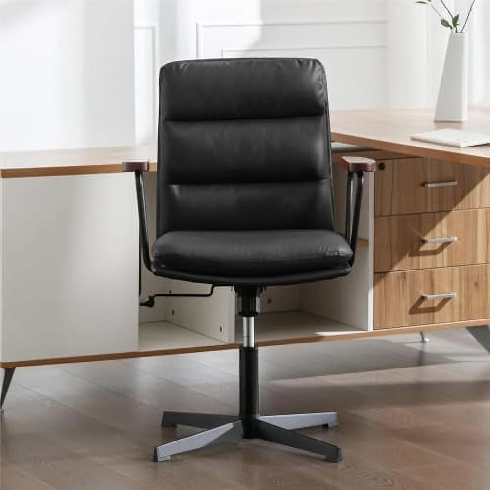 KHBIULIFE Office Desk Chair No Wheels  PU Leather Padded Criss Cross Chair with Wooden Armrests  Ergonomic Mid Back Adjustable Computer Chair  Cute