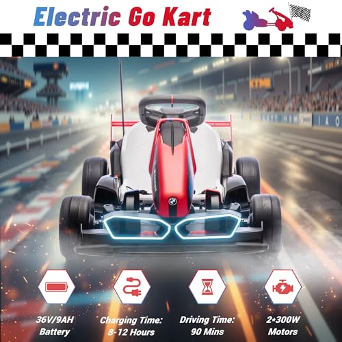 Electric Go Kart with Adjustable Seat, 24V Licensed BMW Drift Kart with Dual 200W Motors, Crazy Go Cart for Kids Ages 6-12, LED Lights