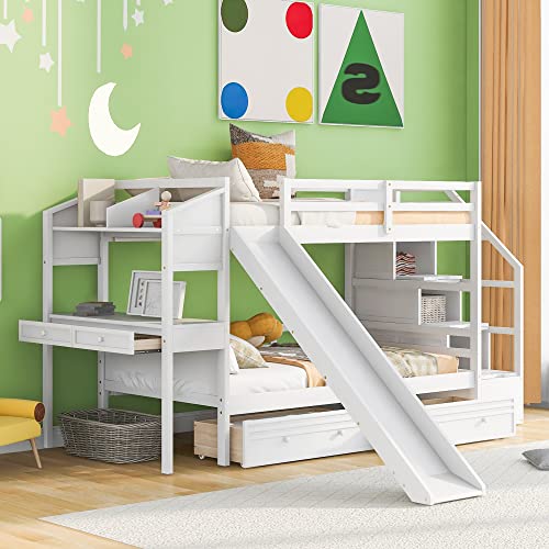 Full-Over-Full Castle Style Bunk Bed with 2 Drawers and 3 Shelves, Wood Bunk Bed Frame with Slide and Storage Staircase for Kids Teens Boys Girls