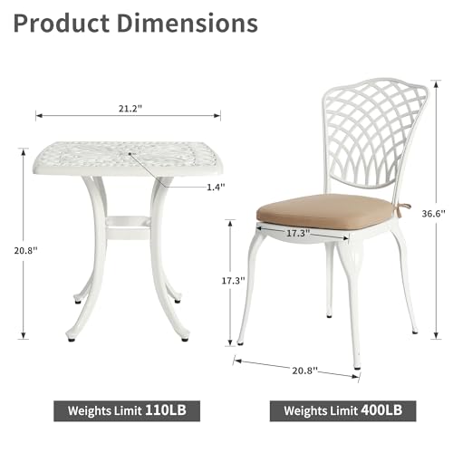HOMEFUN Bistro Table and Chairs Set of 2 Outdoor 3 Piece Patio Set, Rose Pattern Cast Aluminum Bistro for Garden Balcony
