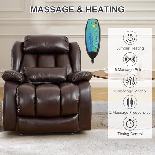 EDILLY Large Genuine Leather Power Lift Recliner Chairs for Elderly, Dual Motor with Massage and Heating,Double Lumbar Cushion and Extended Footrest