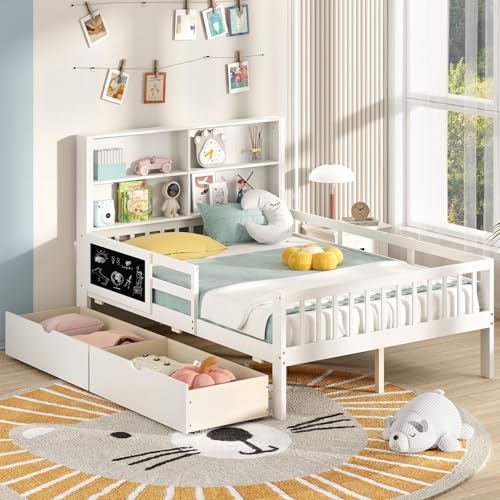 Giantex Full Bed with 2 Storage Drawers, Solid Wood Kids Bed Frame w/Bookcase Headboard & Blackboard, Full-Length Guardrails & Wooden Slats Support