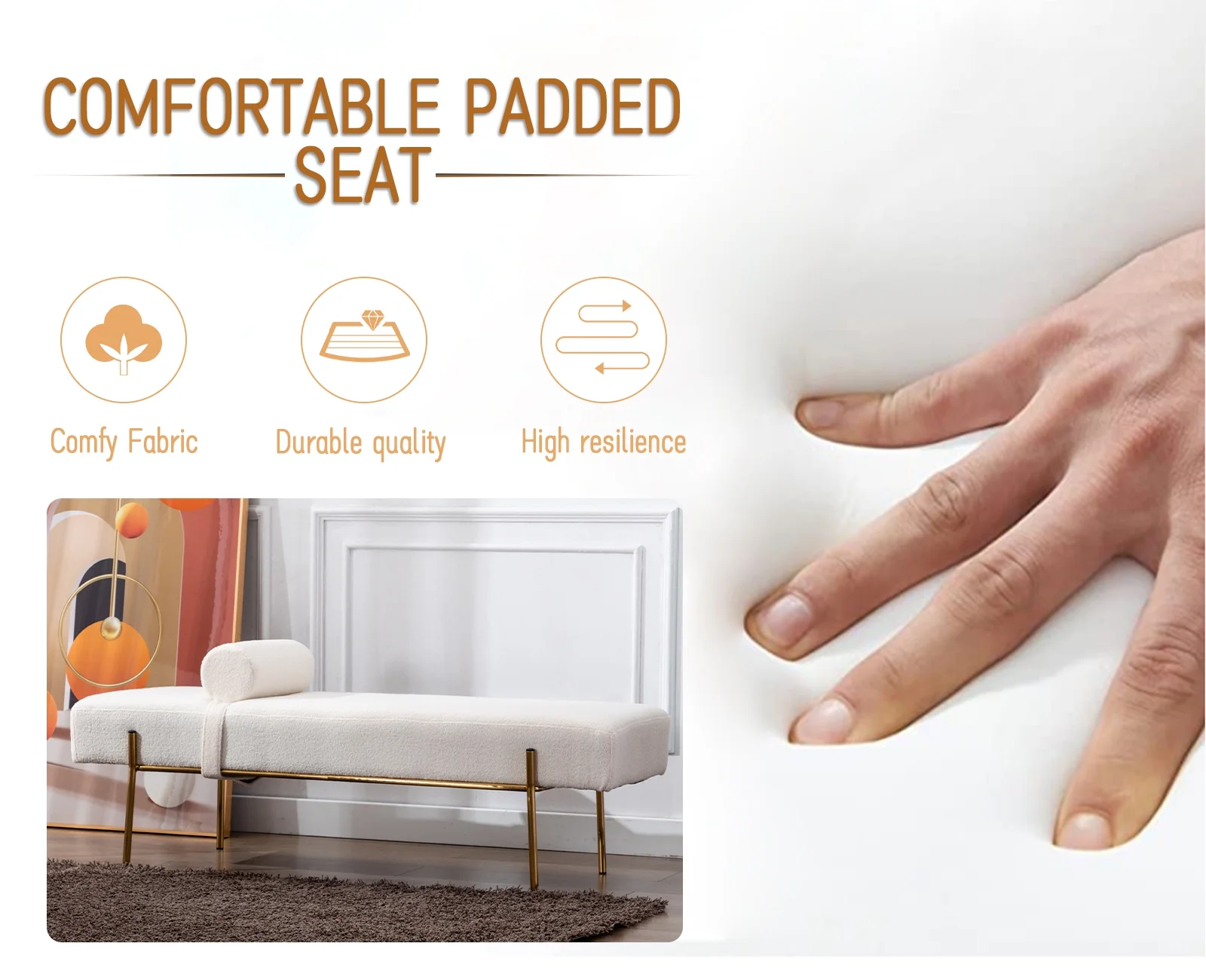 55" White End of Bed Bench, Modern Faux Fur Upholstered Ottoman Bench Seat with Gold Legs