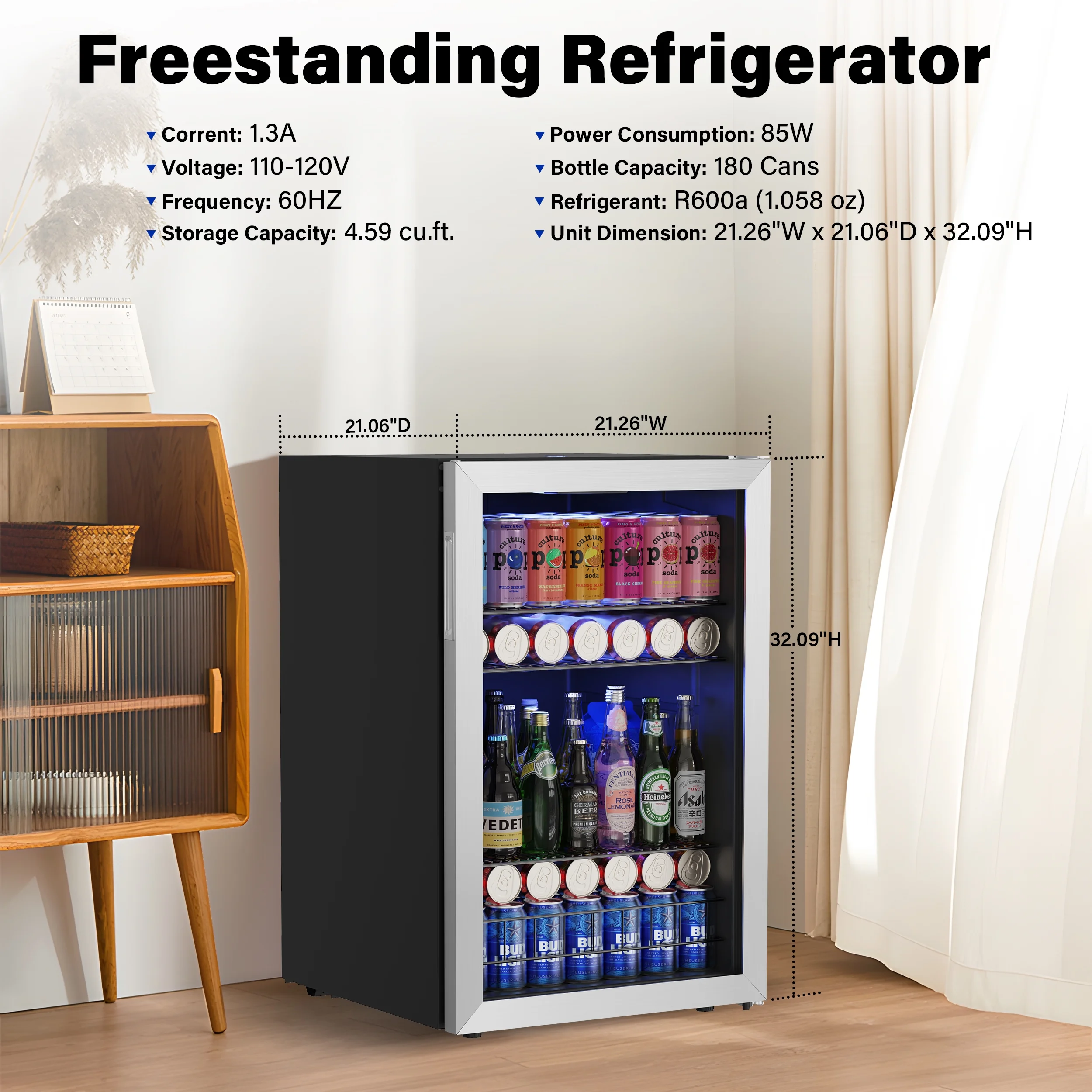 Yeego Beverage Refrigerator Cooler, 141-180 Can Freestanding Mini Beverage Fridge with Glass Door, Adjustable Shelving,4.59 Cu.ft.