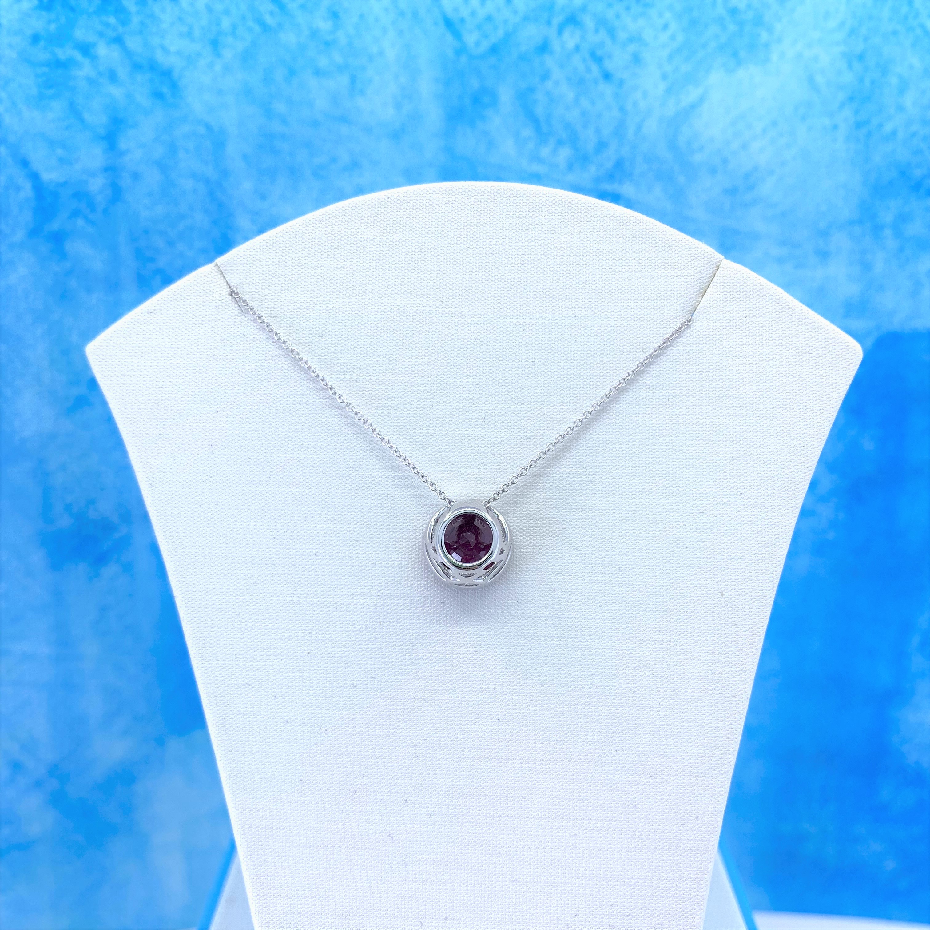14K White Gold Necklace with 2.05-ct Round Red Ruby and 0.05-ct White Diamonds