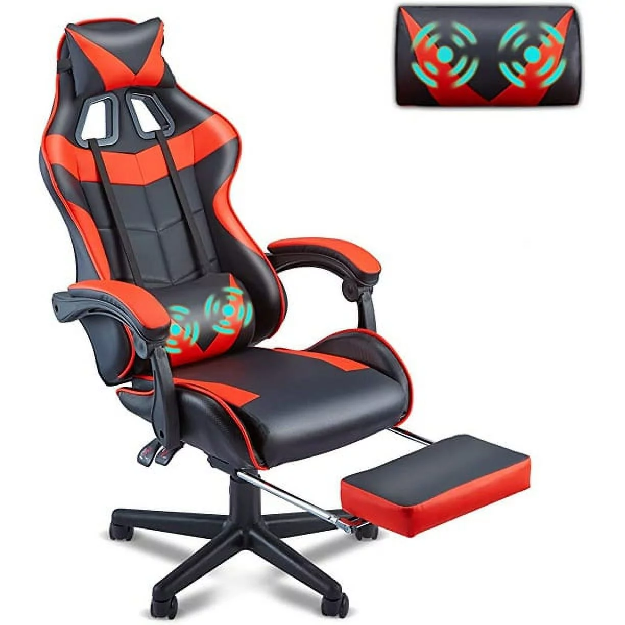 Soontrans Gaming Office Chair with Footrest, Ergonomic Leather Massage Game Chair with Lumbar Support & Headrest, Red