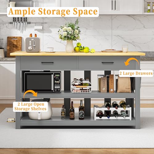 47.3" Solid Rubberwood Kitchen Island with Power Outlets - Extra Large Work Surface, 2 Drawers & Open Shelves Storage Cabinet for Kitchen Dining Room