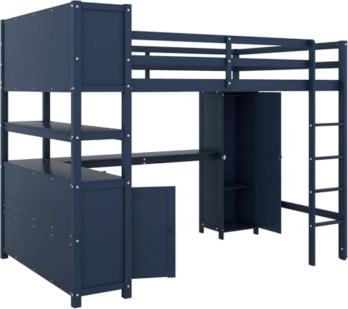 Harper & Bright Designs Full Size Loft Bed with Wardrobe and L-Shaped Desk, Metal Loft Bed with Storage Cubes, Cabinet, Shelves for Kids Teens, White