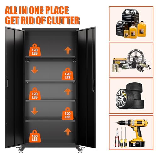 Metal Storage Cabinet with Wheels, 73" H Rolling Garage Cabinets with Locking Doors and Adjustable Shelves for Home Office, Basement, Pantry, Workshop