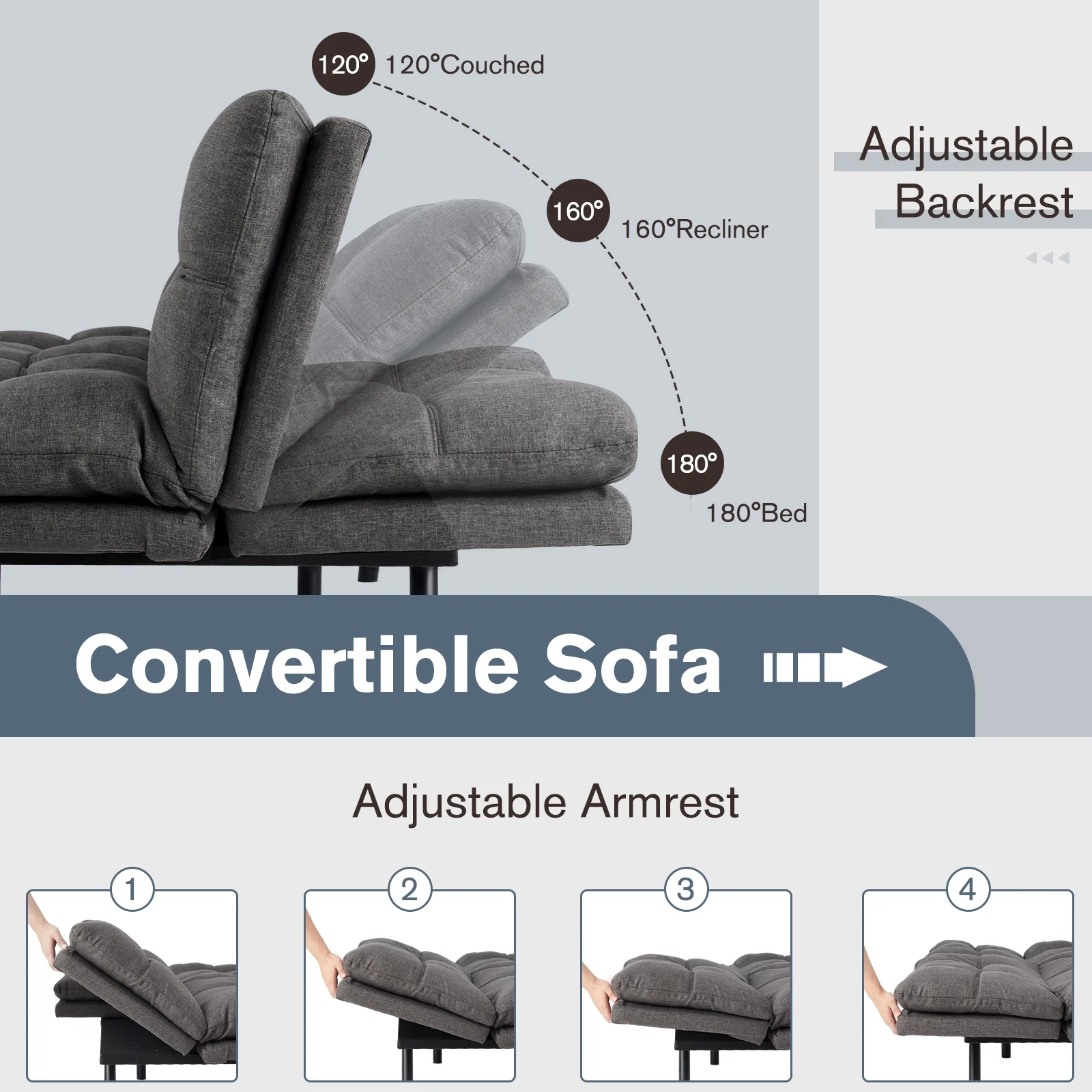 Futon Sofa Bed, Convertible Futon Sofa Memory Foam Double Sofa Bed with Adjustable Backrest and Armrests for Apartments, Dorms