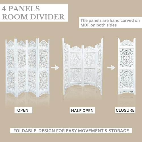 Lightnpro Wooden Room Divider - Handmade Foldable Partition Screen with Intricate Oval Carved Design Hinged