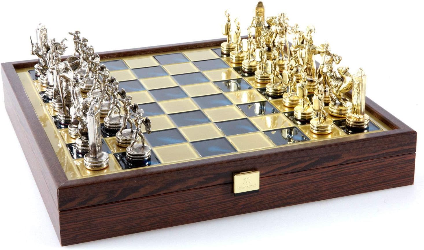 Manopoulos Greek Mythology Chess Set - Brass&Nickel - Wooden case Blue Board